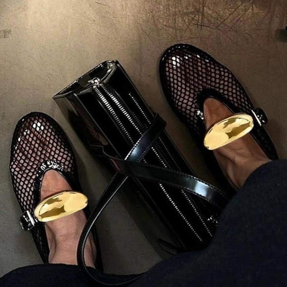 Mesh Ballet Flats Black Ballerina Shoes with Gold Buckle strap - Picture 3 of 9